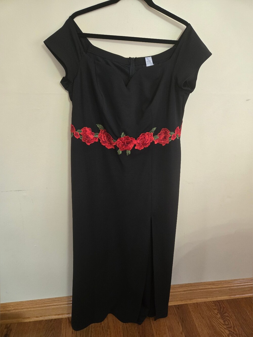 Black Dress with Red Rose Embroidery - Women's Elegant Off-Shoulder Dress